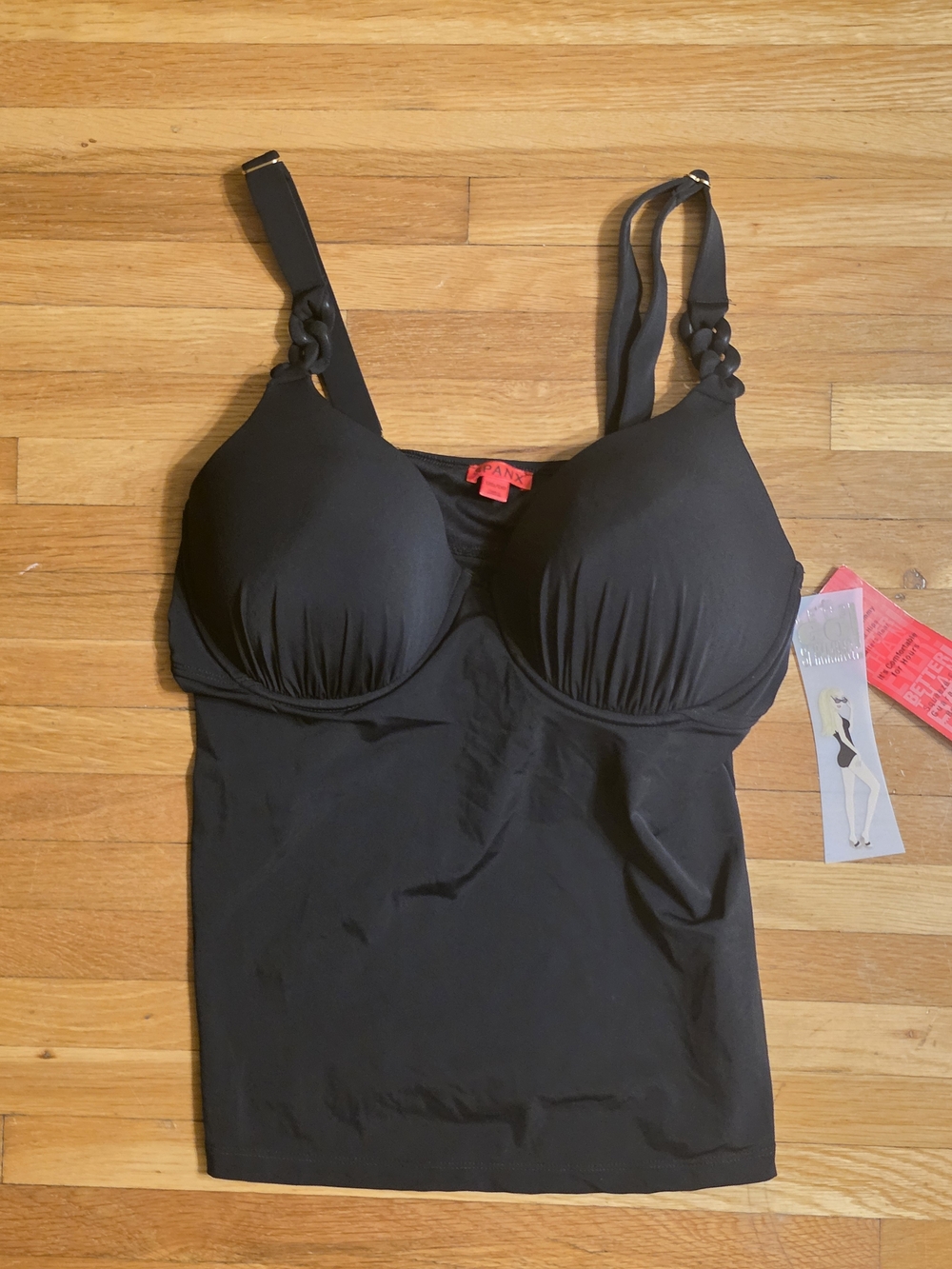 SPANX Black 12 D/DD Shaping Swimsuit Tankini Top with Knotted Chain Strap Detail